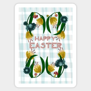 Happy Easter Floral Wreath with Daffodils, Mushrooms, and Ladybugs on Plaid | blue, yellow Sticker